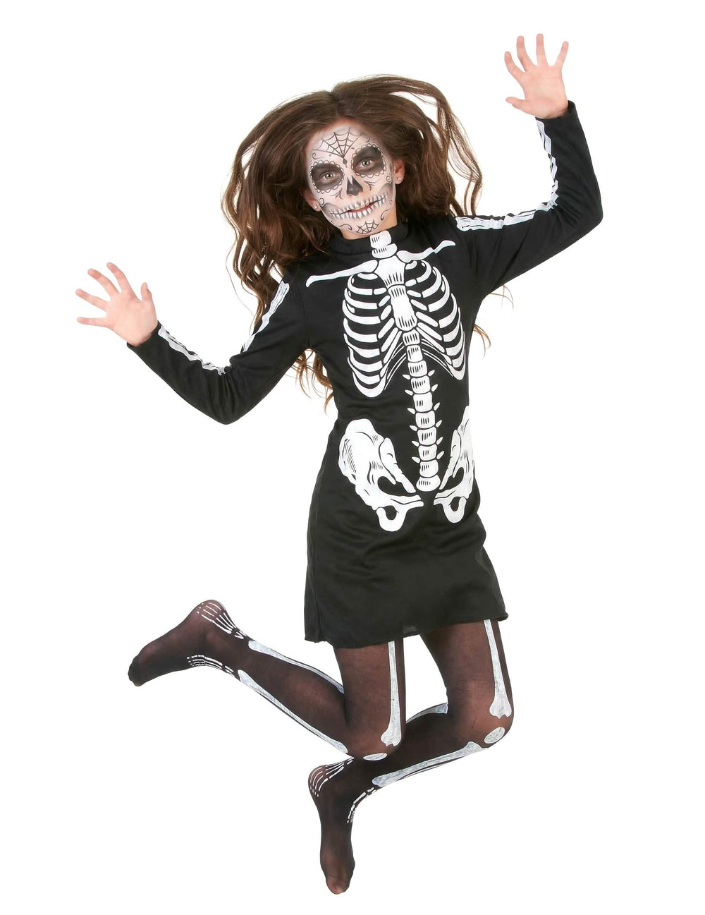 Vista general en movimiento del disfraz de esqueleto de halloween