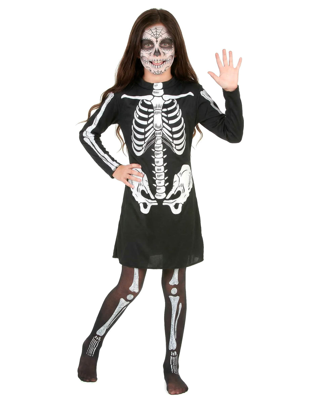Disfraz de esqueleto de halloween para niña blanco y negro con vestido y medias