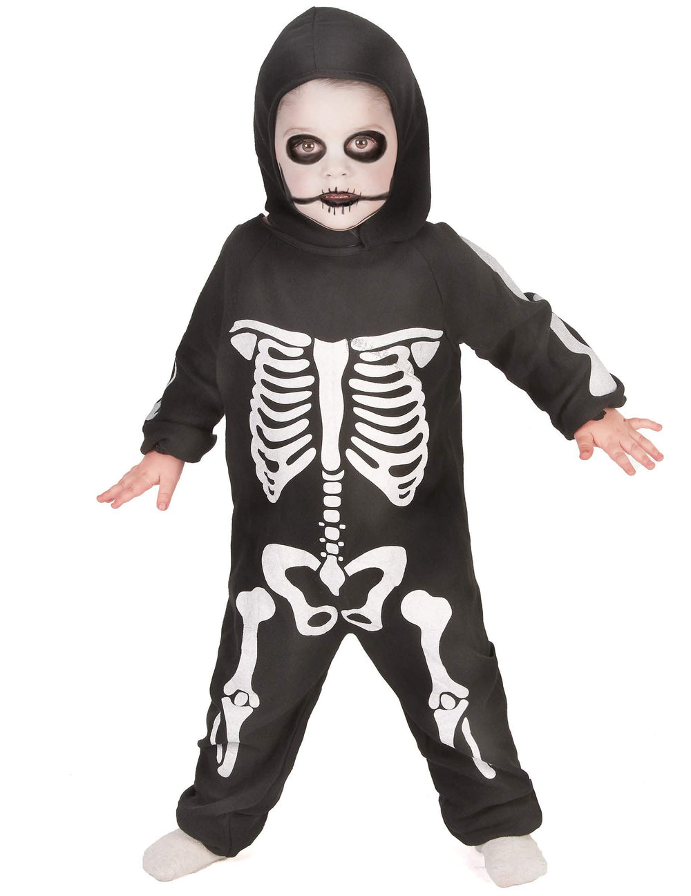 Disfraz completo esqueleto para niño blanco y negro con capucha