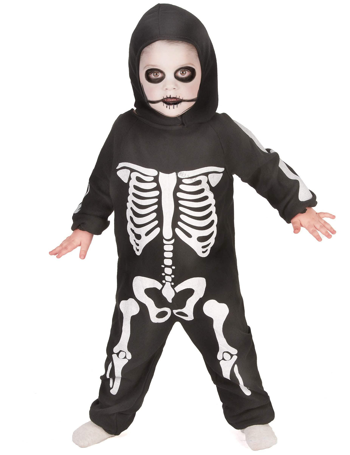 Disfraz completo esqueleto para niño blanco y negro con capucha