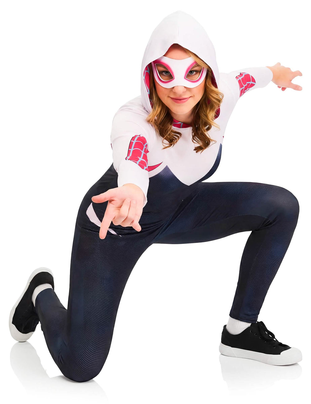 Vista frontal en posición de combate del disfraz de Ghost-Spider para mujer