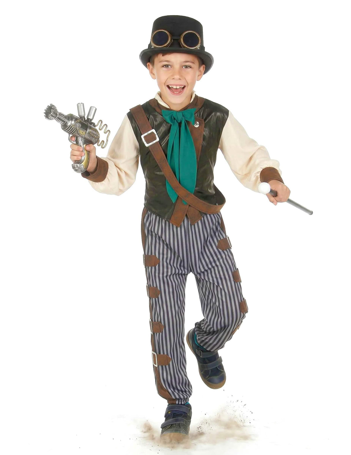 Mise en scène avec pistolet et canne du déguisement steampunk dandy pour enfant