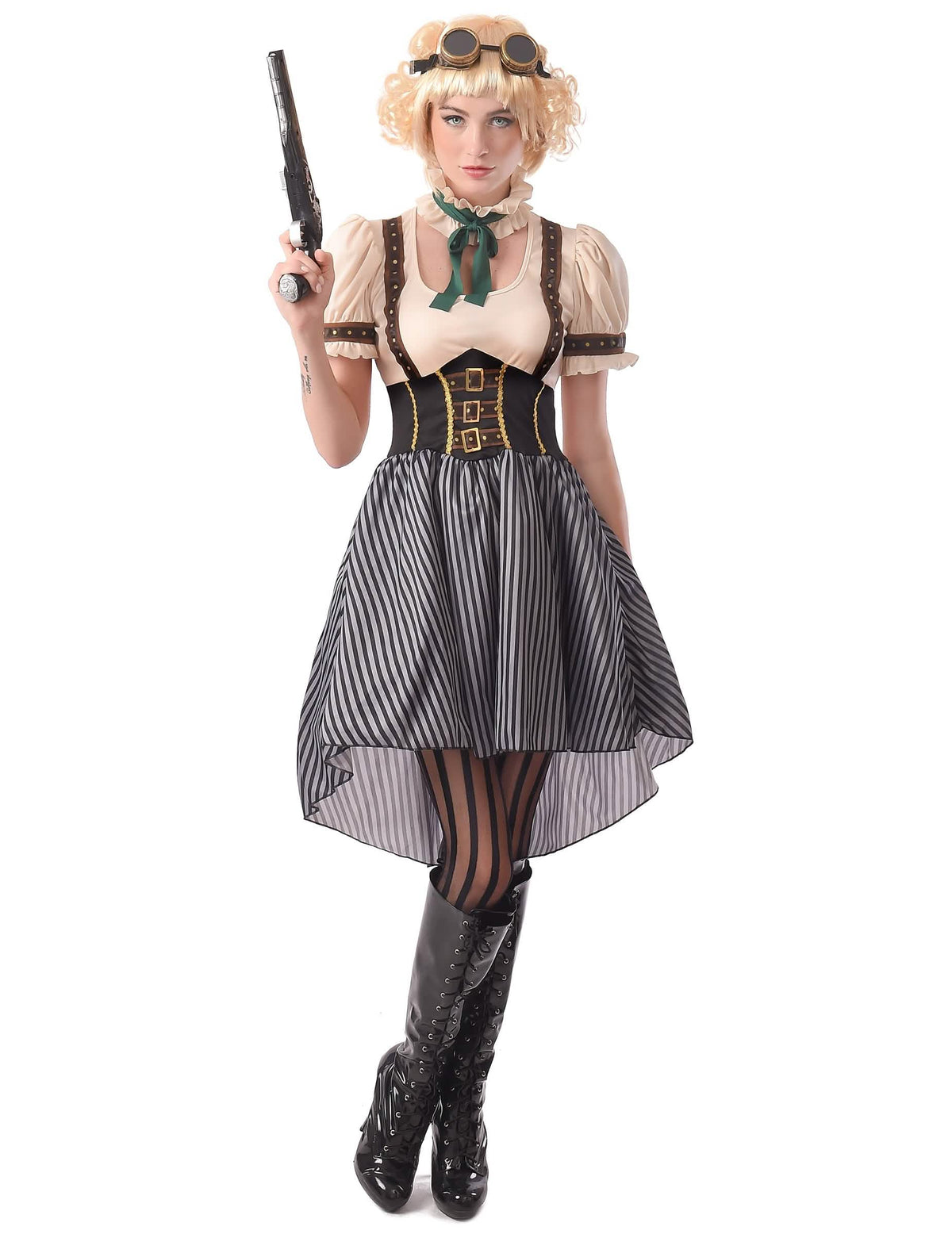 Disfraz steampunk para mujer beige y negro con falda a rayas