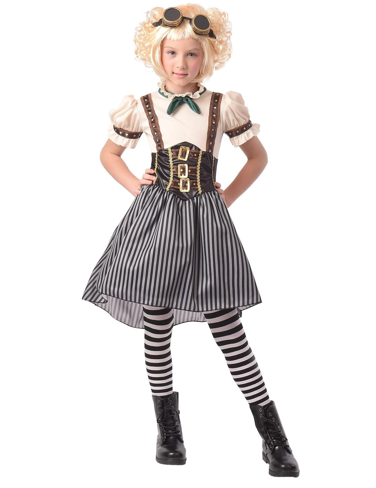 Disfraz steampunk para niña a rayas blanco y negro con corsé y gafas