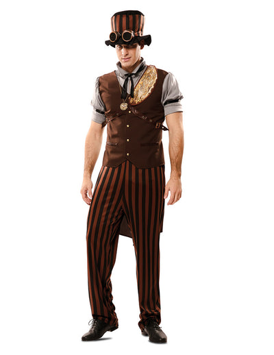 Déguisement steampunk pour homme marron et noir à rayures avec chapeau et lunettes