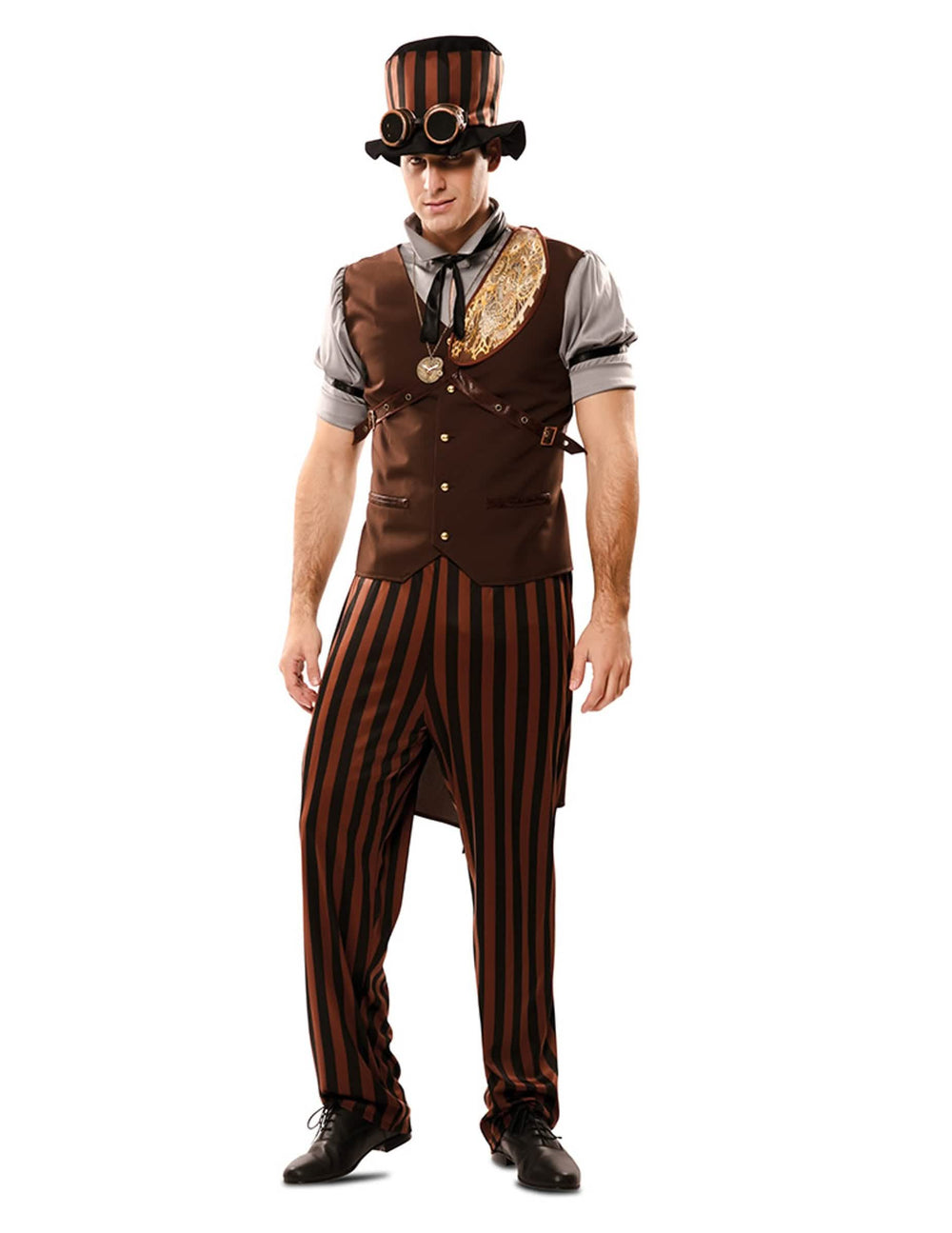 Disfraz steampunk para hombre marrón y negro a rayas con sombrero y gafas