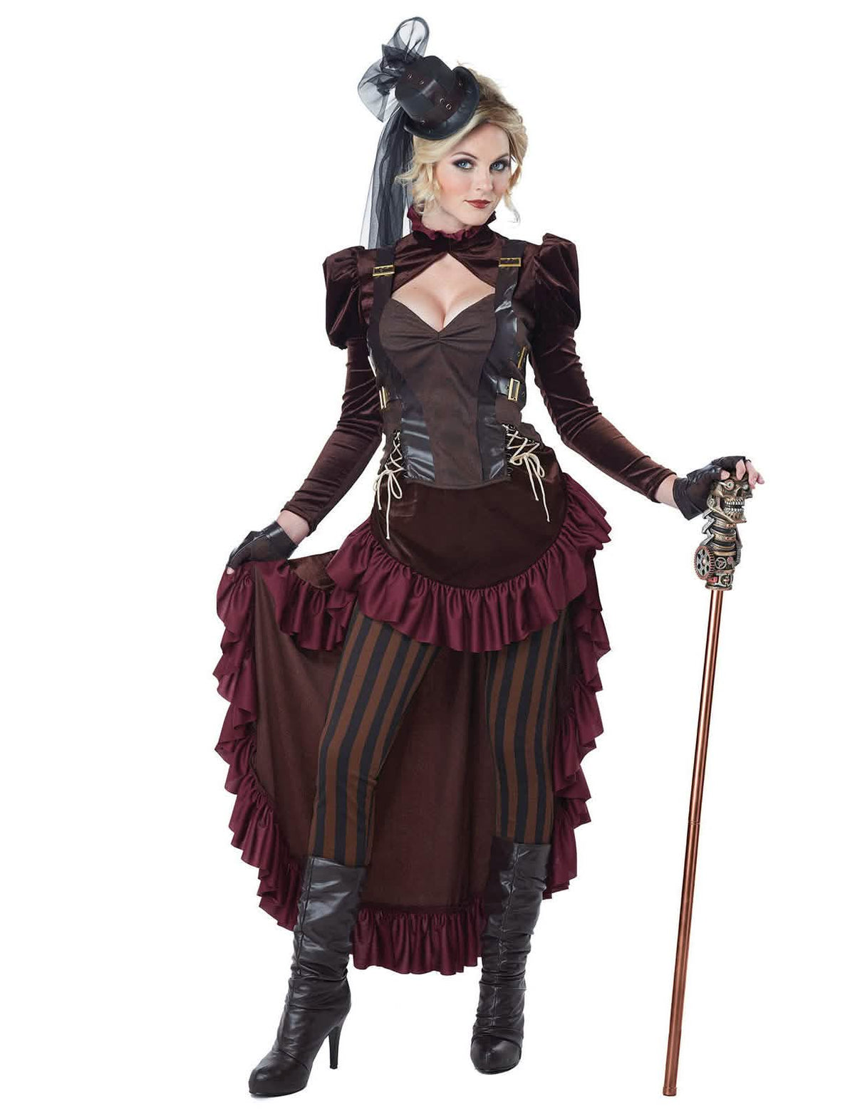 Déguisement steampunk sexy pour femme marron et bordeaux avec mini haut-de-forme