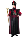 Déguisement de sultan du mal luxe pour homme noir et bordeaux avec turban et sceptre serpent