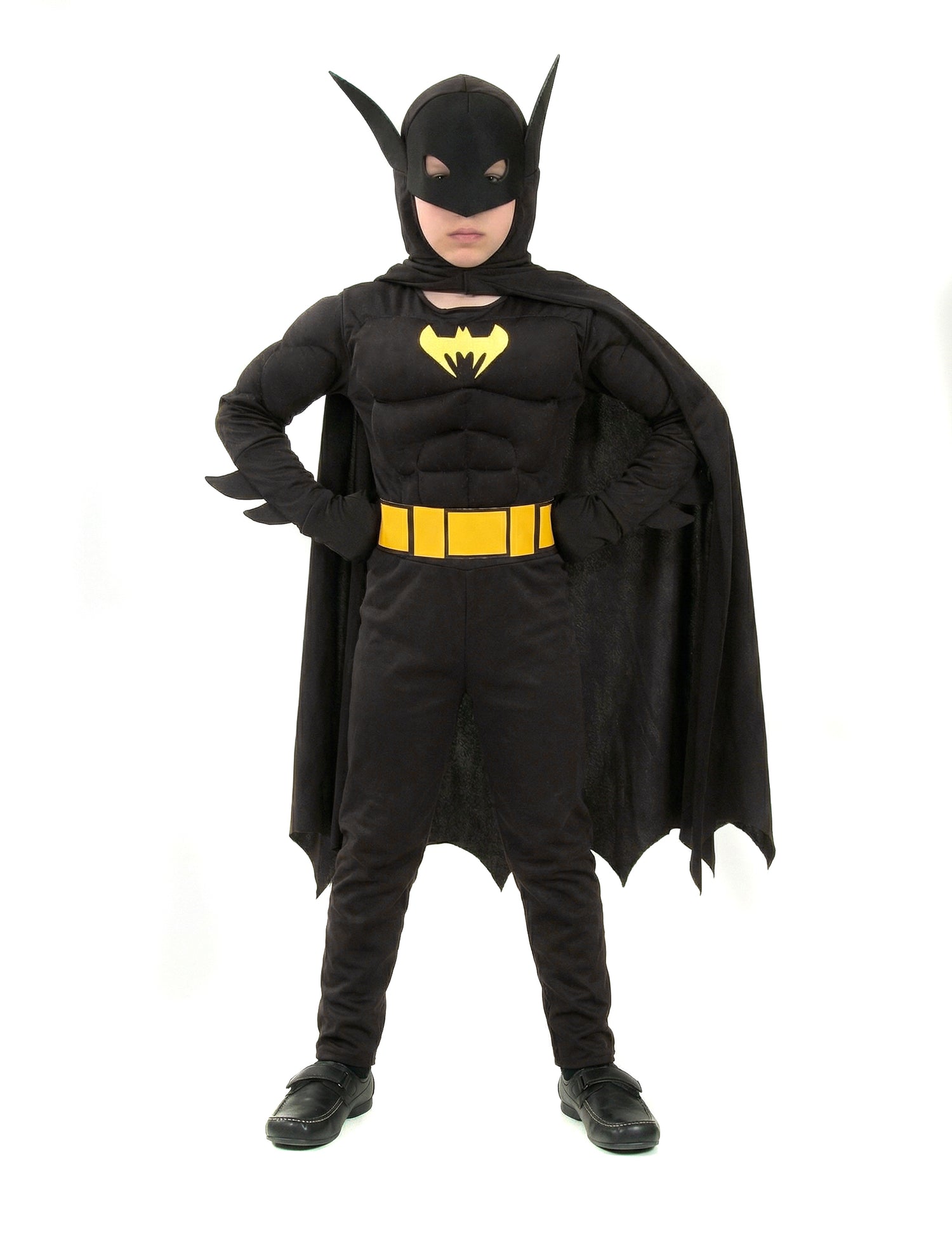 Déguisement super héros chauve-souris pour garçon noir avec ceinture et logo jaunes