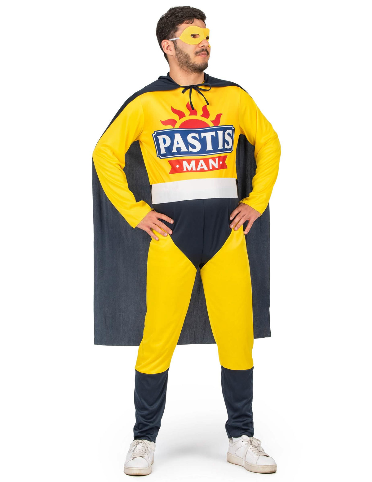 Disfraz Super Pastis Man para hombre amarillo y azul marino con capa y máscara