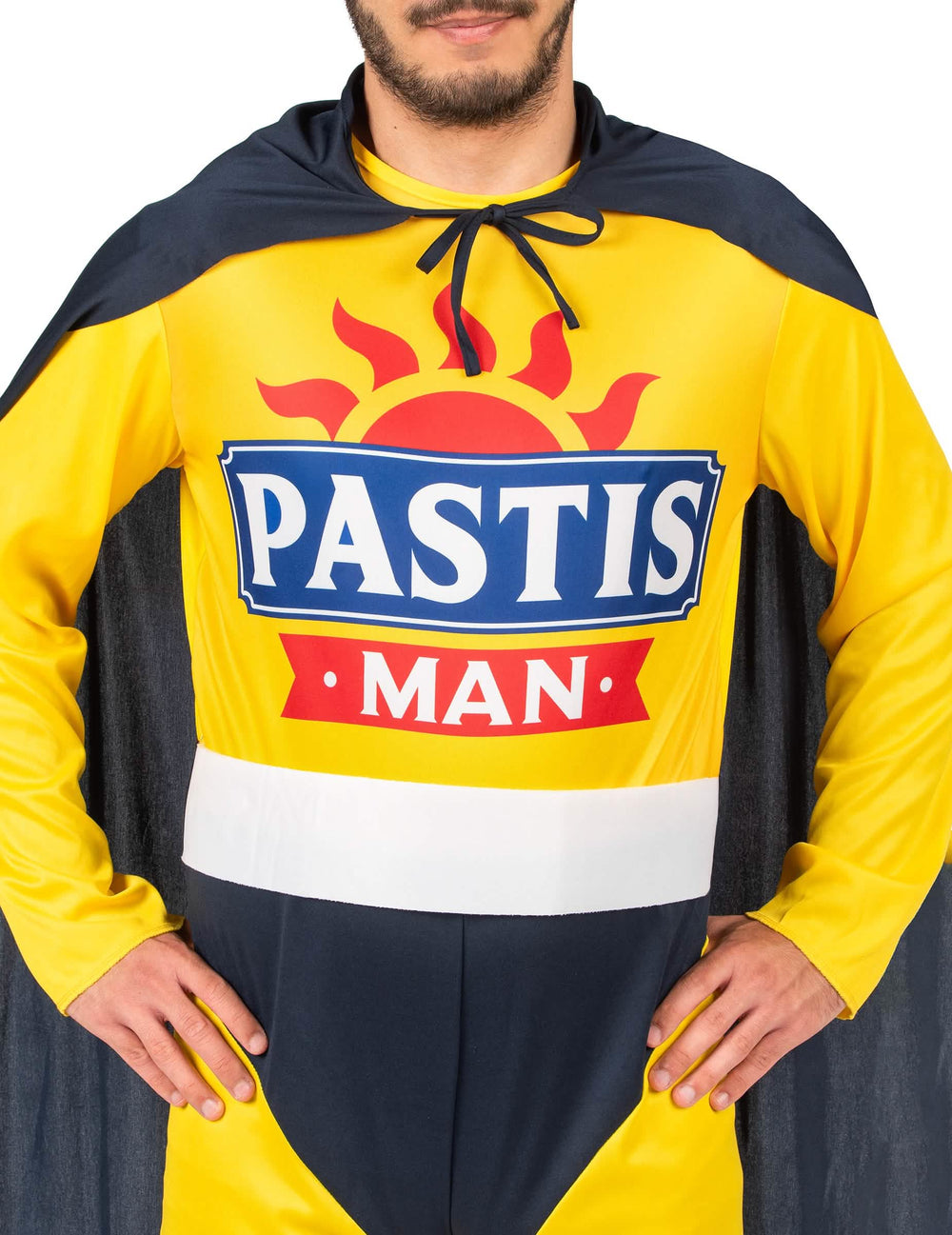 Primer plano del logotipo del disfraz Super Pastis Man