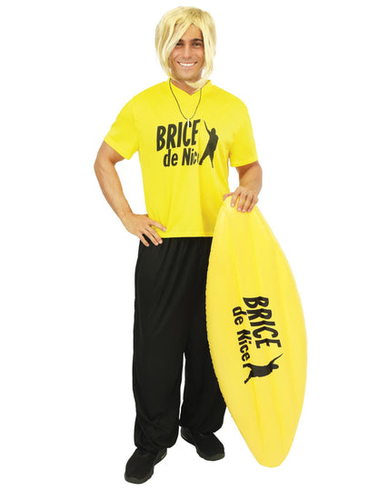 Déguisement surfeur Brice de Nice™ pour adolescent jaune et noir avec planche de surf gonflable