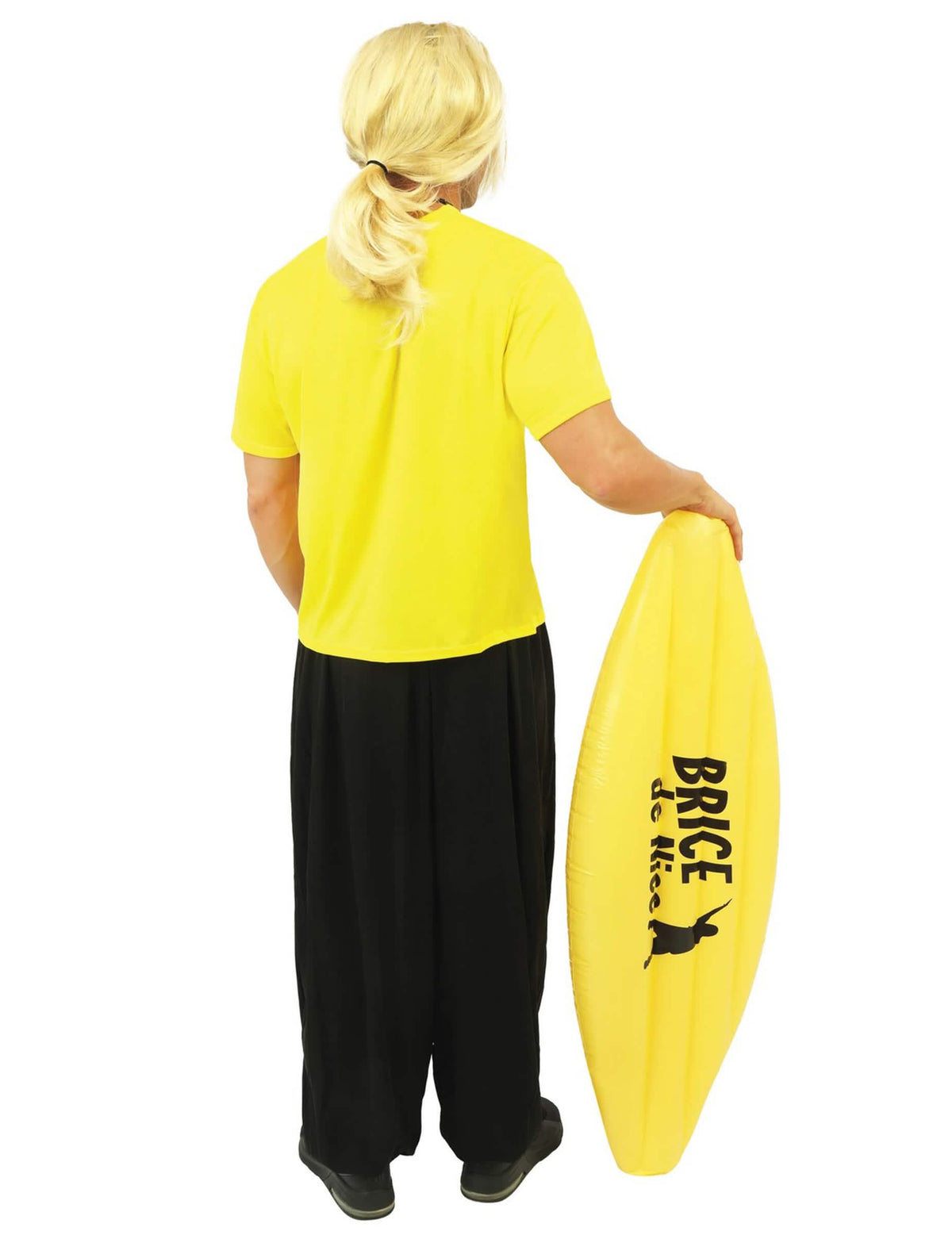 Vue de dos avec planche de surf du déguisement surfeur Brice de Nice™