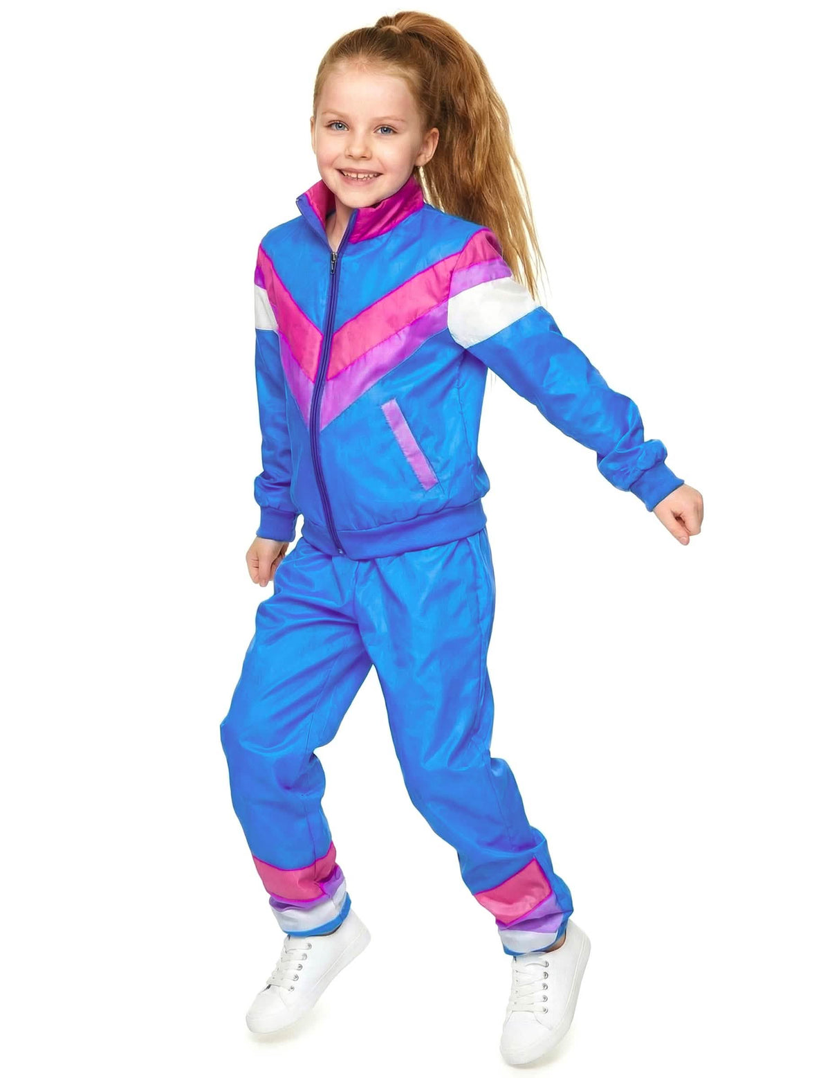 Vista de perfil del disfraz de chándal de los años 80 para niña