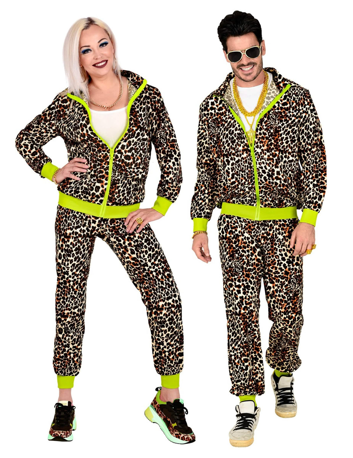 Versión hombre y mujer del disfraz chándal leopardo años 80 para adulto