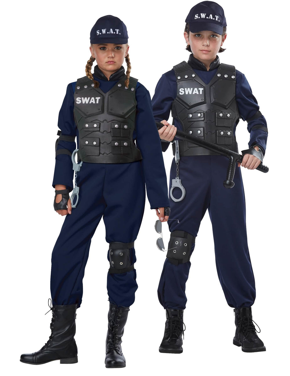 Détail du gilet et des accessoires du déguisement SWAT luxe pour enfant