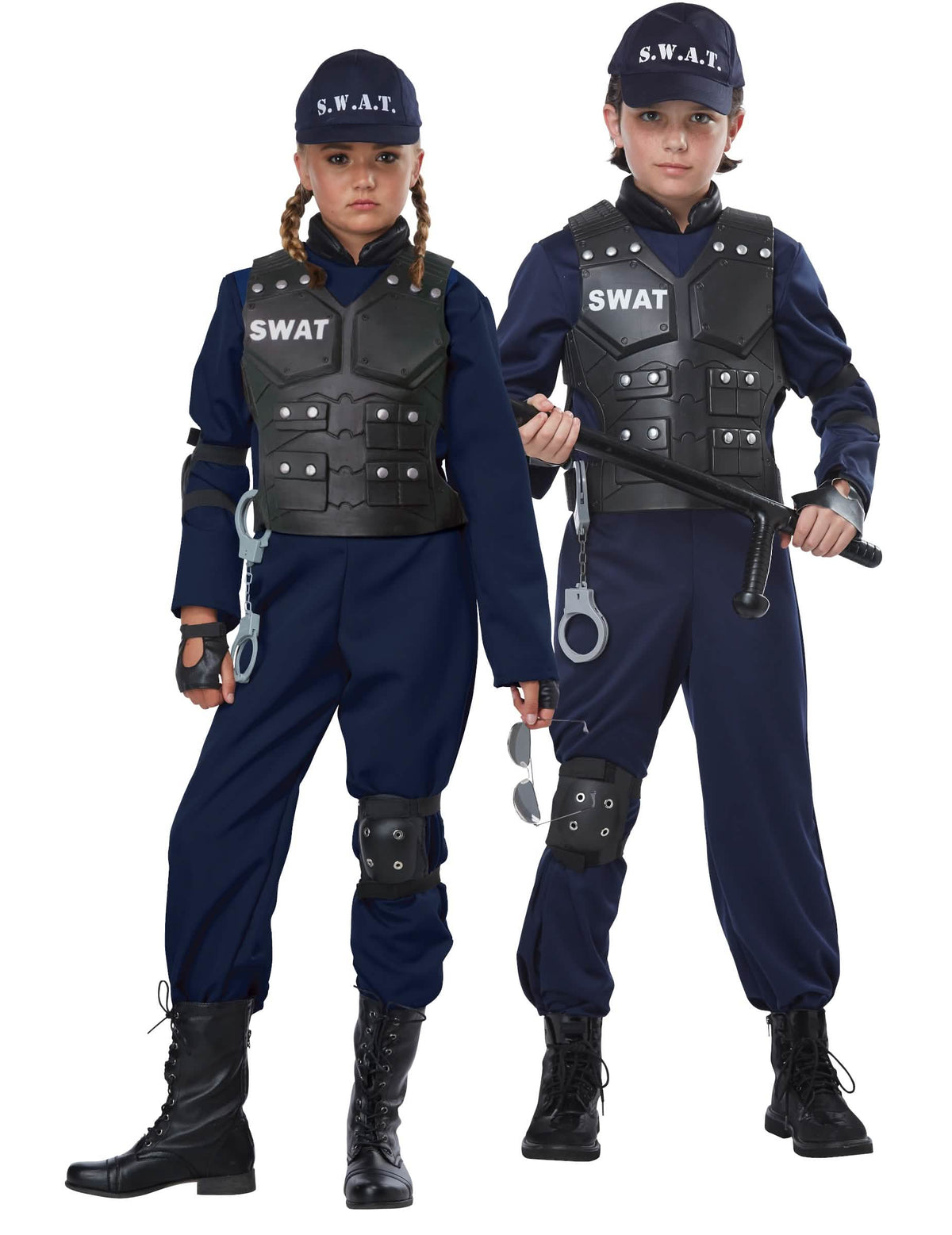 Détail du gilet et des accessoires du déguisement SWAT luxe pour enfant