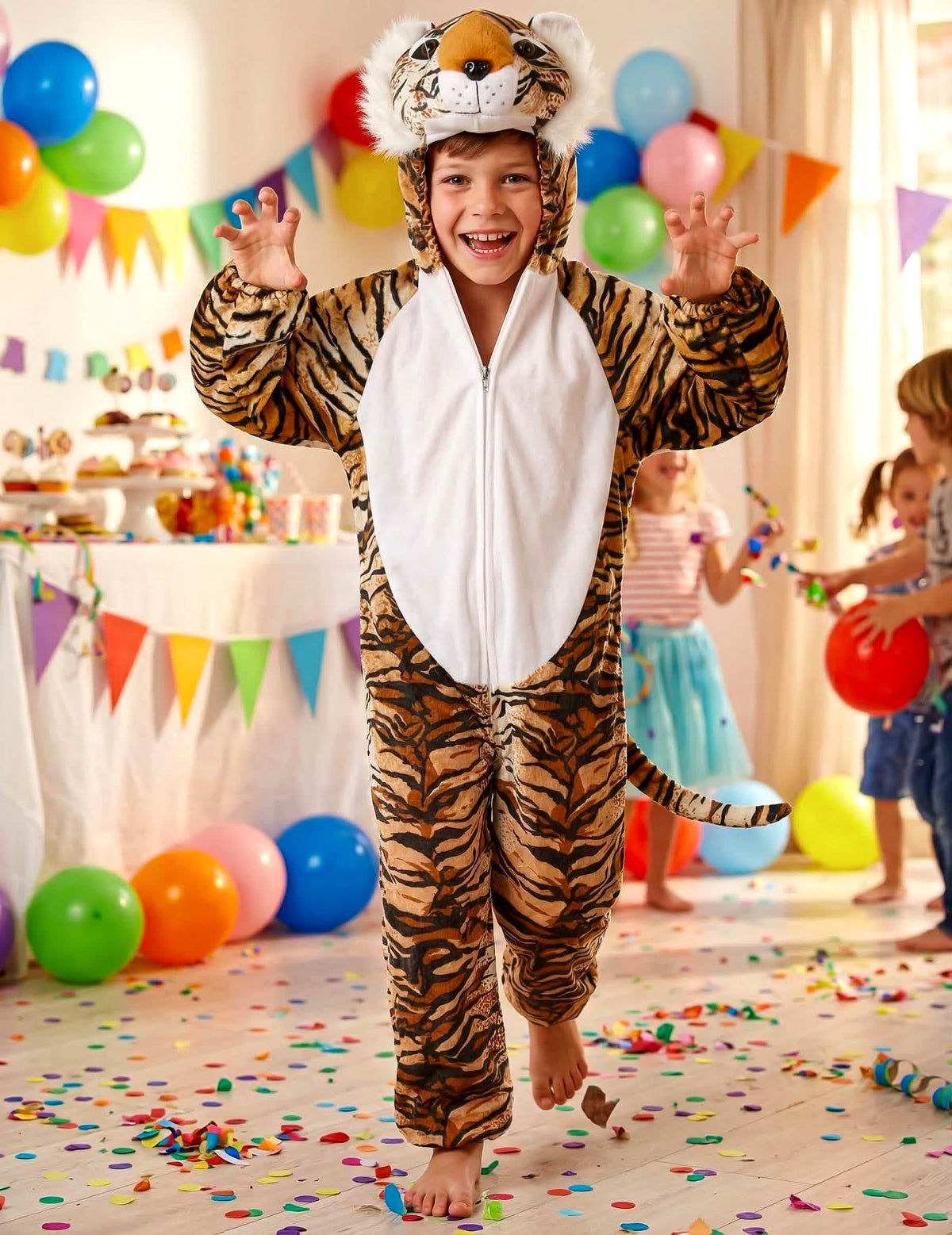 Escenificación durante un cumpleaños del disfraz de tigre realista para niño