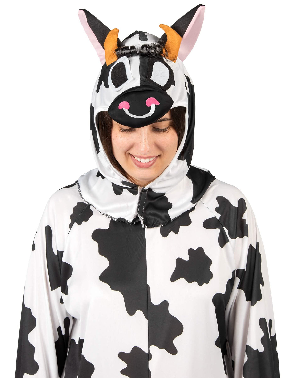 Détail de la tête de vache sur la capuche du déguisement de vache pour adulte