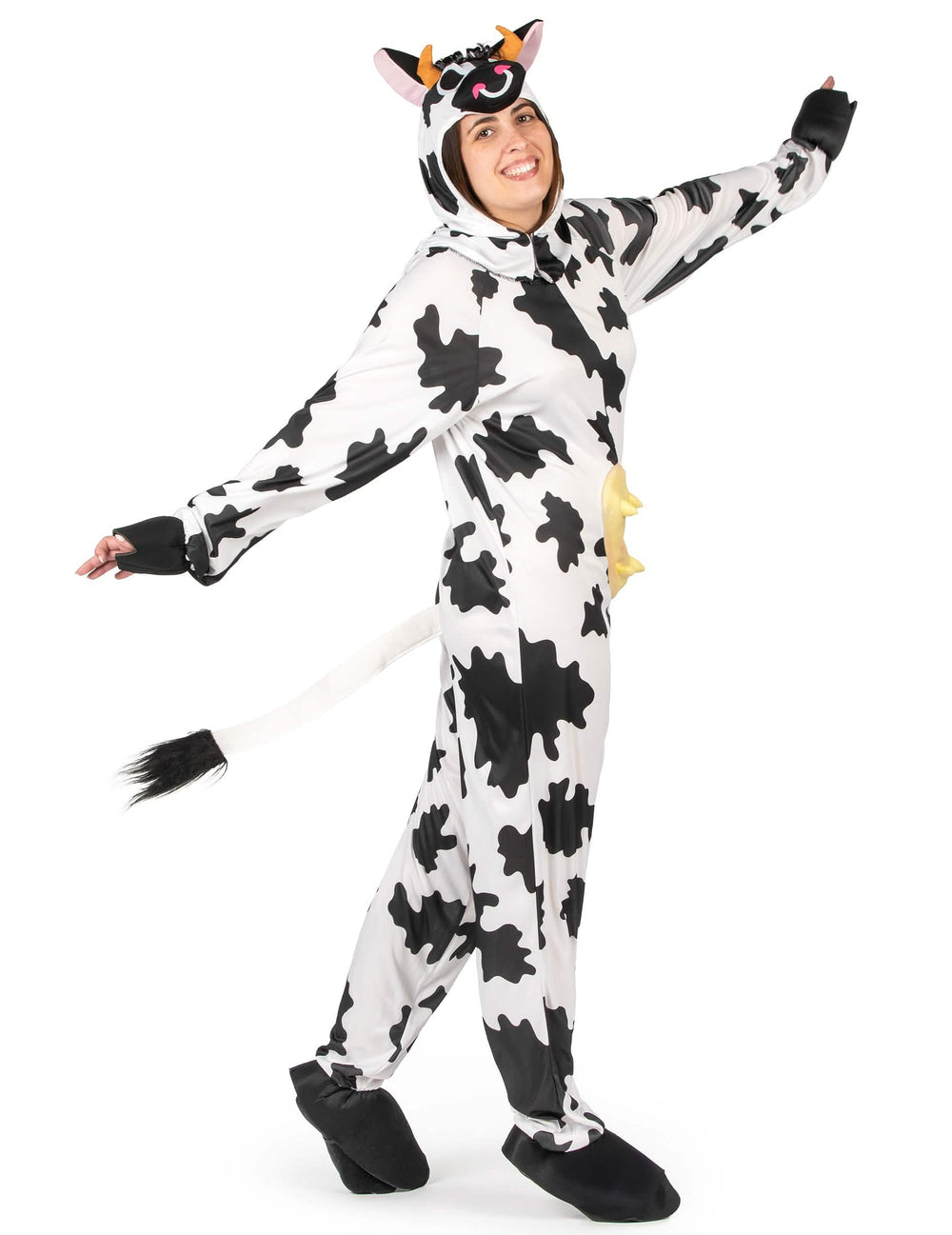 Vue de profil montrant la queue du déguisement de vache pour adulte