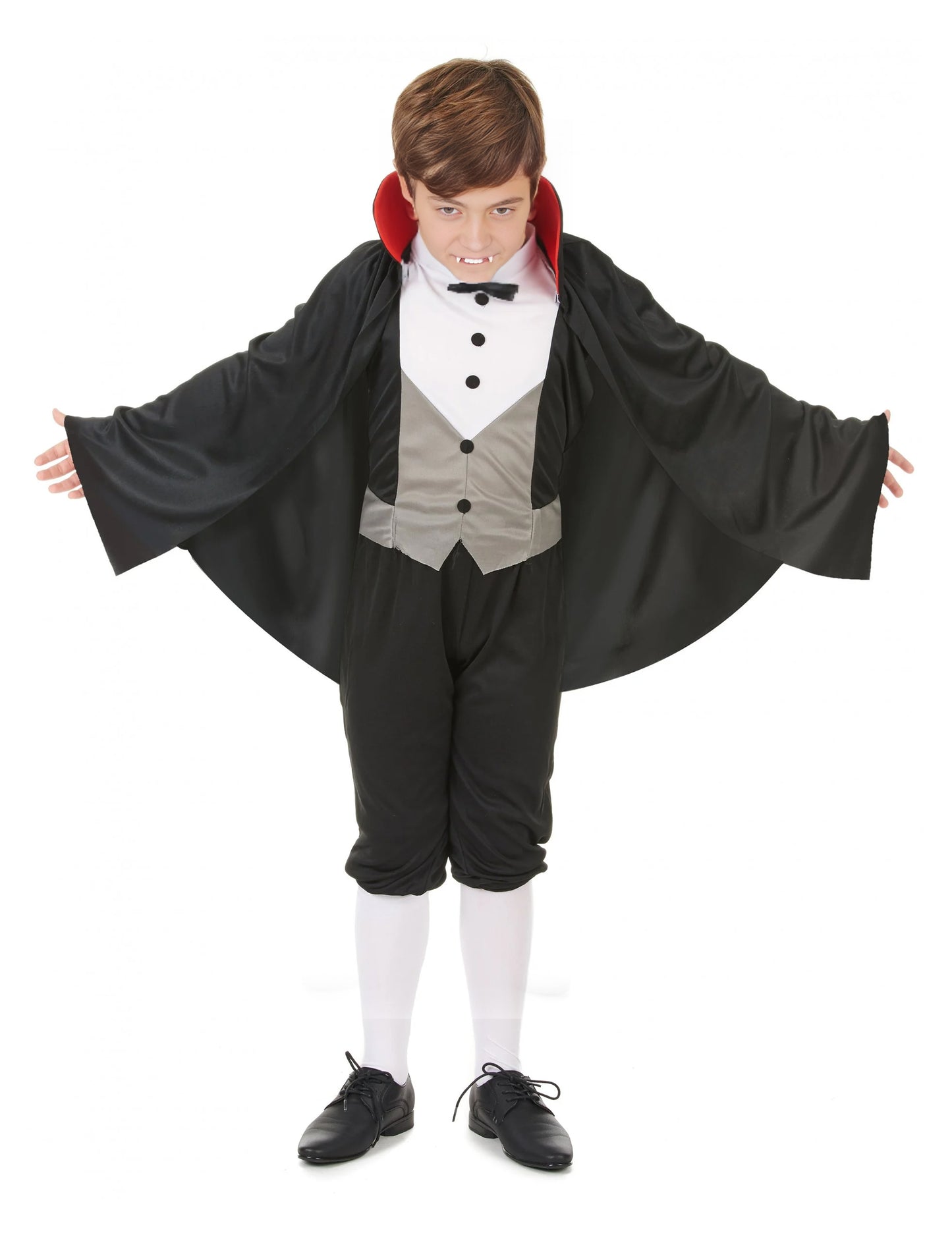Déguisement de vampire chic pour garçon noir et gris avec cape à col rouge