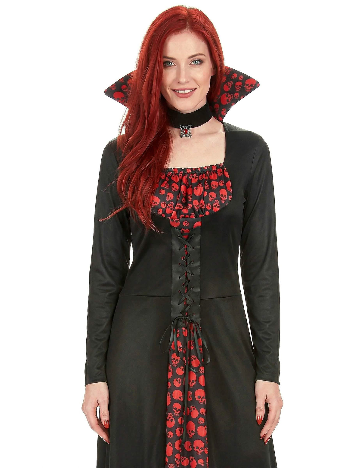 Gros plan sur le col et le buste du déguisement de vampire élégant pour femme