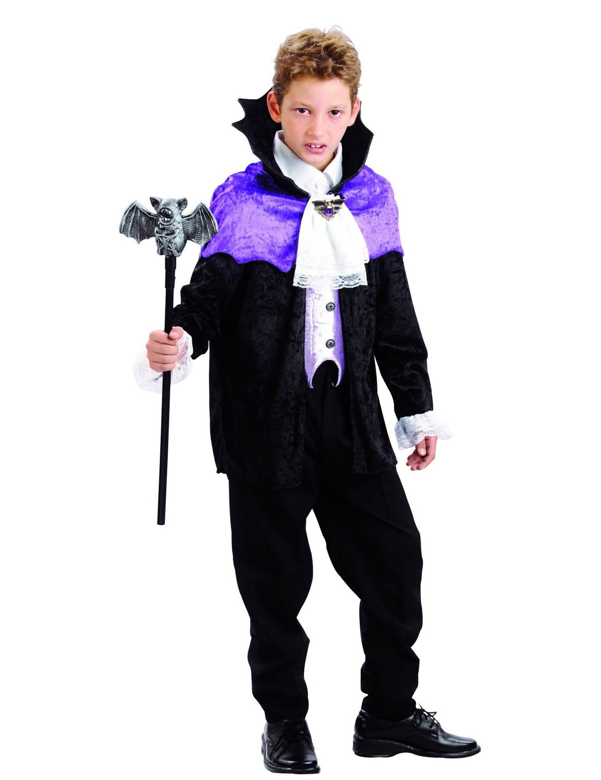 Disfraz de vampiro para niño negro y violeta con chorrera blanca y capa de cuello alto