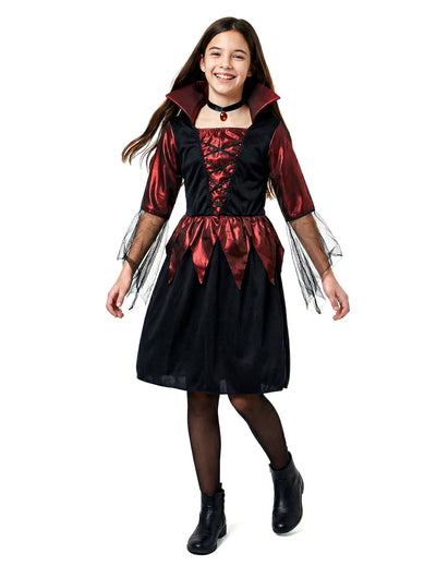 Déguisement de vampire pour fille rouge et noir satiné