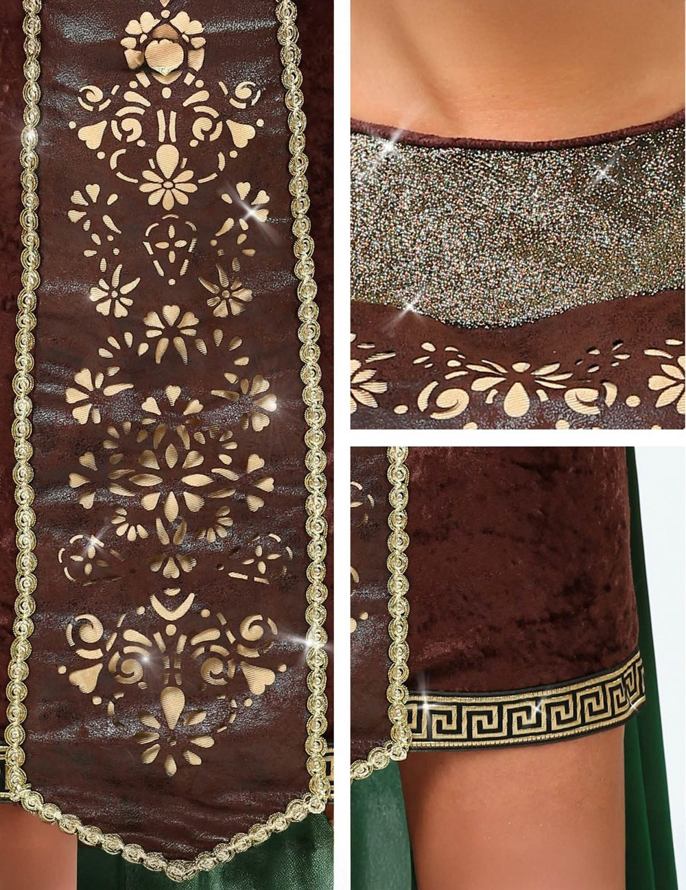 Détails des motifs et bordures dorées du déguisement viking fourrure avec cape pour femme
