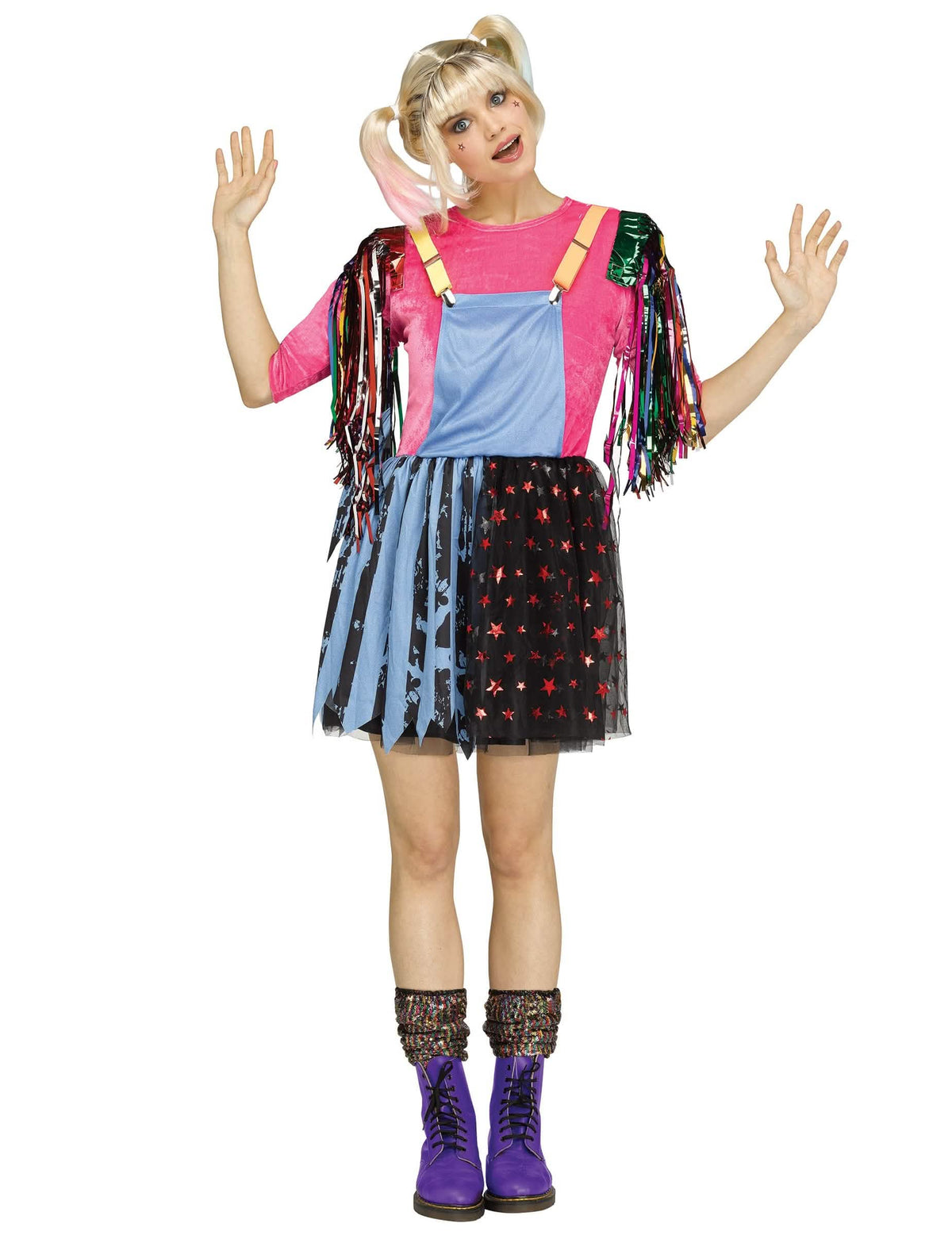 Disfraz de arlequina malvada para mujer rosa azul y negro con flecos multicolores