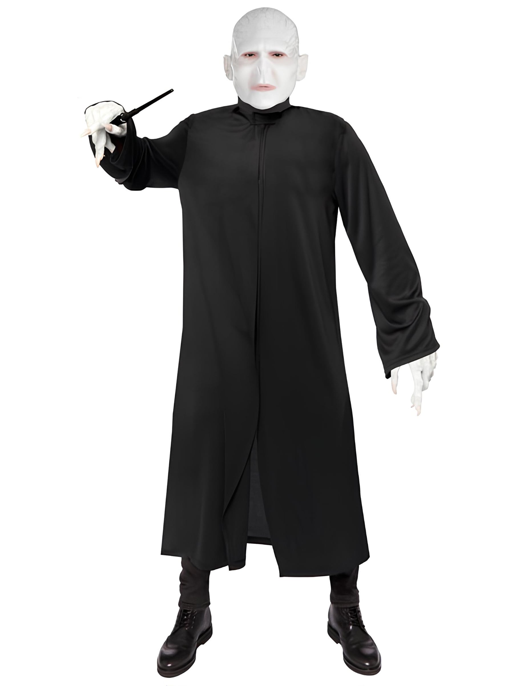 Vue de face avec baguette magique du déguisement Voldemort Harry Potter