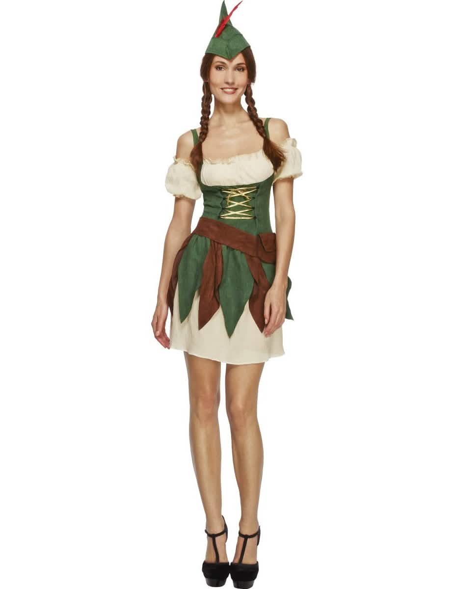 Disfraz de ladrona del bosque sexy para mujer verde y marrón con sombrero de pluma