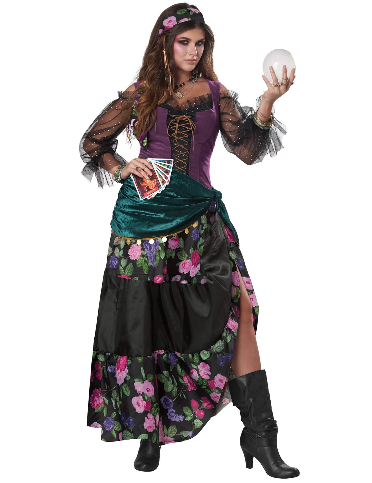 Disfraz de vidente de lujo para mujer violeta y negro con motivos de flores