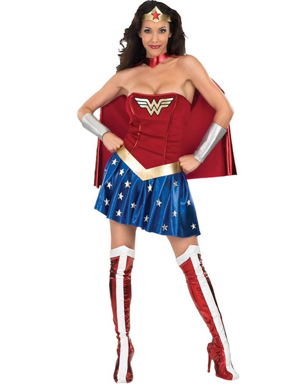 Disfraz clásico Wonder Woman para mujer rojo y azul con capa y tiara dorada