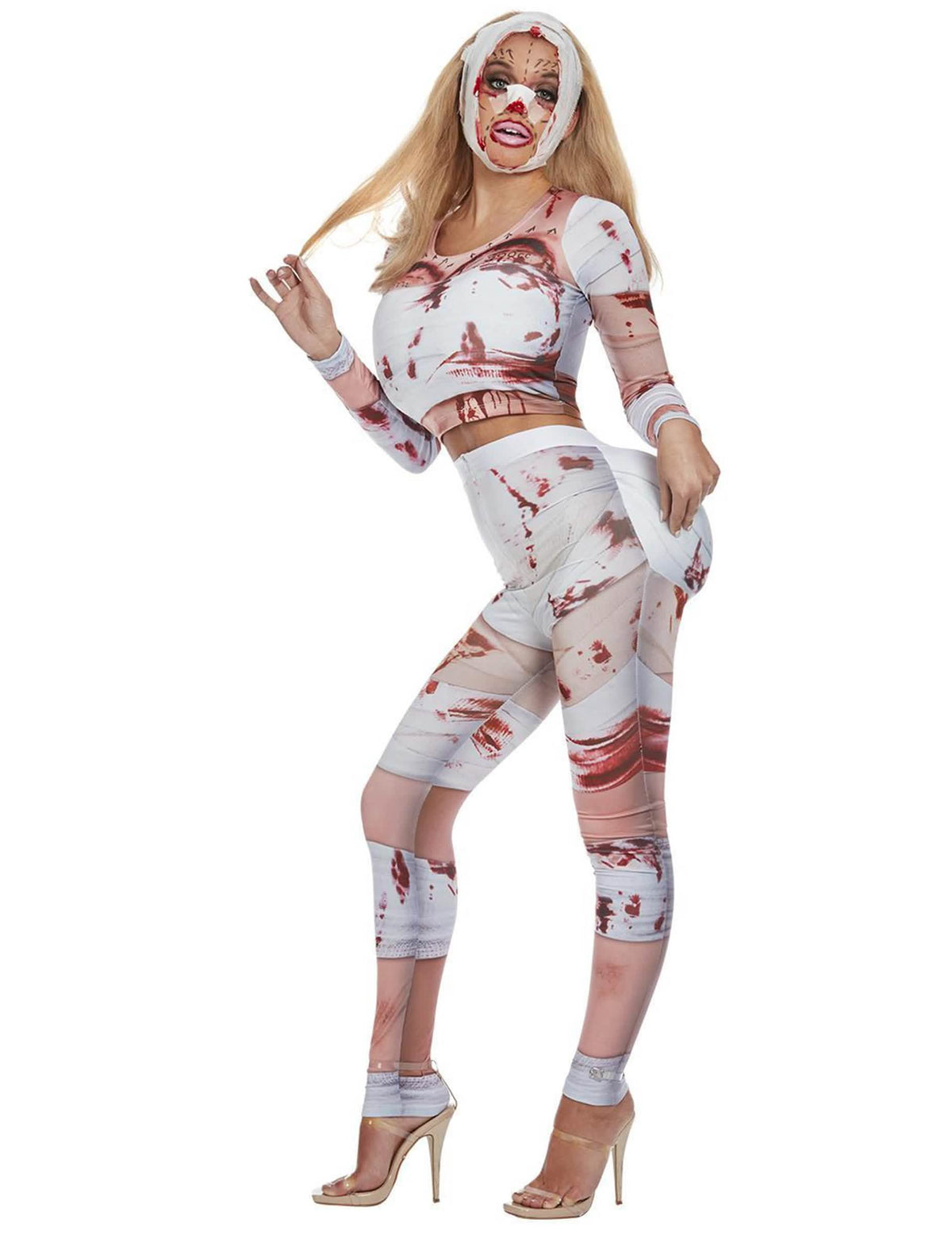 Déguisement de zombie chirurgie esthétique pour femme blanc et ensanglanté