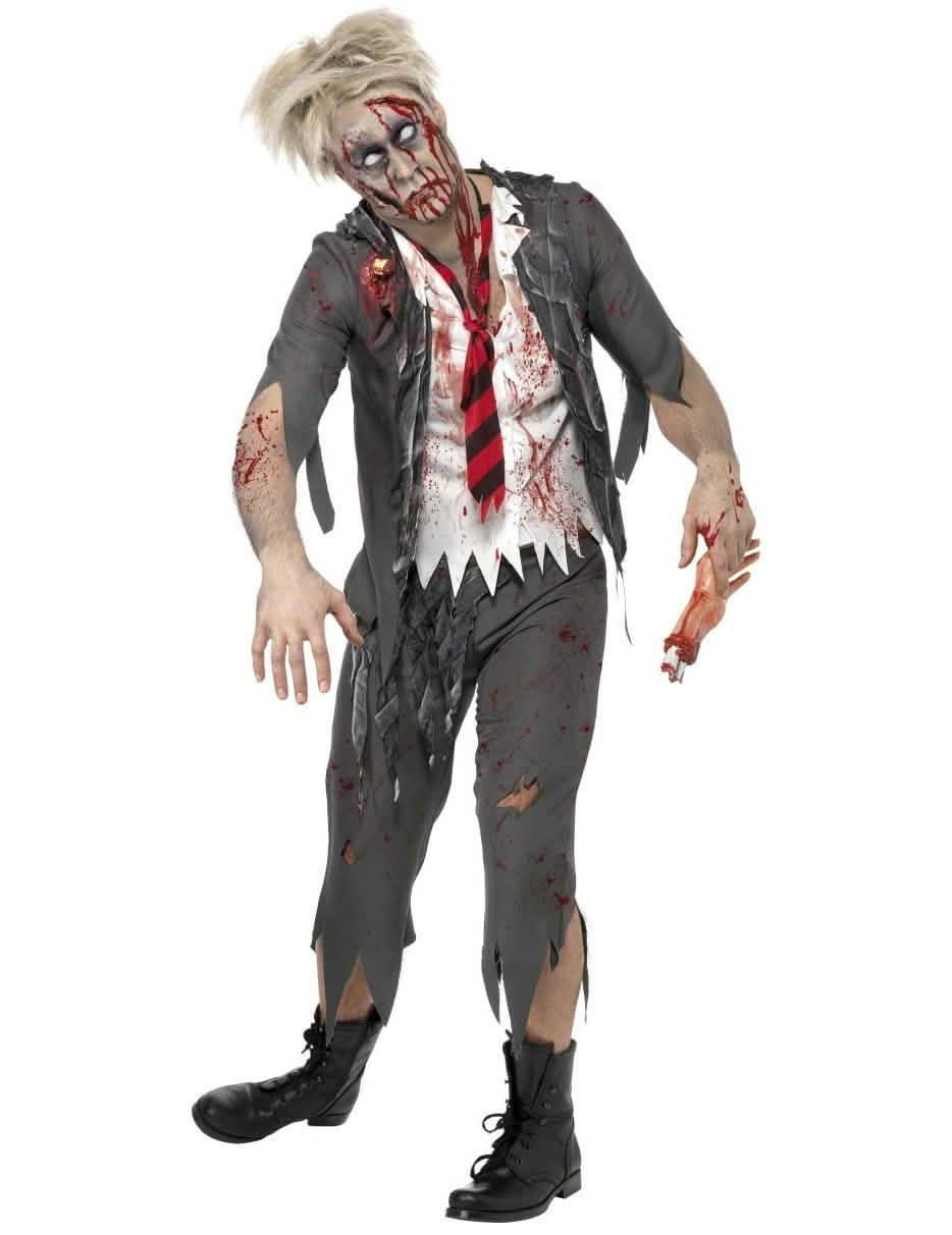 Déguisement de zombie écolier pour homme gris et blanc ensanglanté