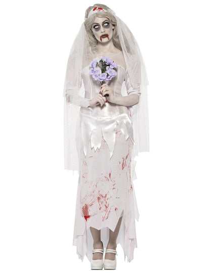 Déguisement de mariée zombie pour femme blanc avec taches de sang et voile