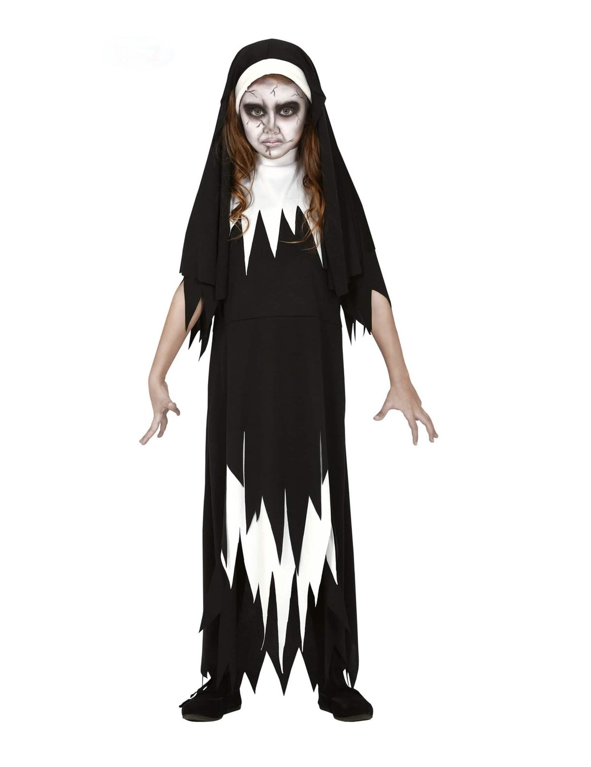 Disfraz de zombie monja para niña blanco y negro con bordes dentados