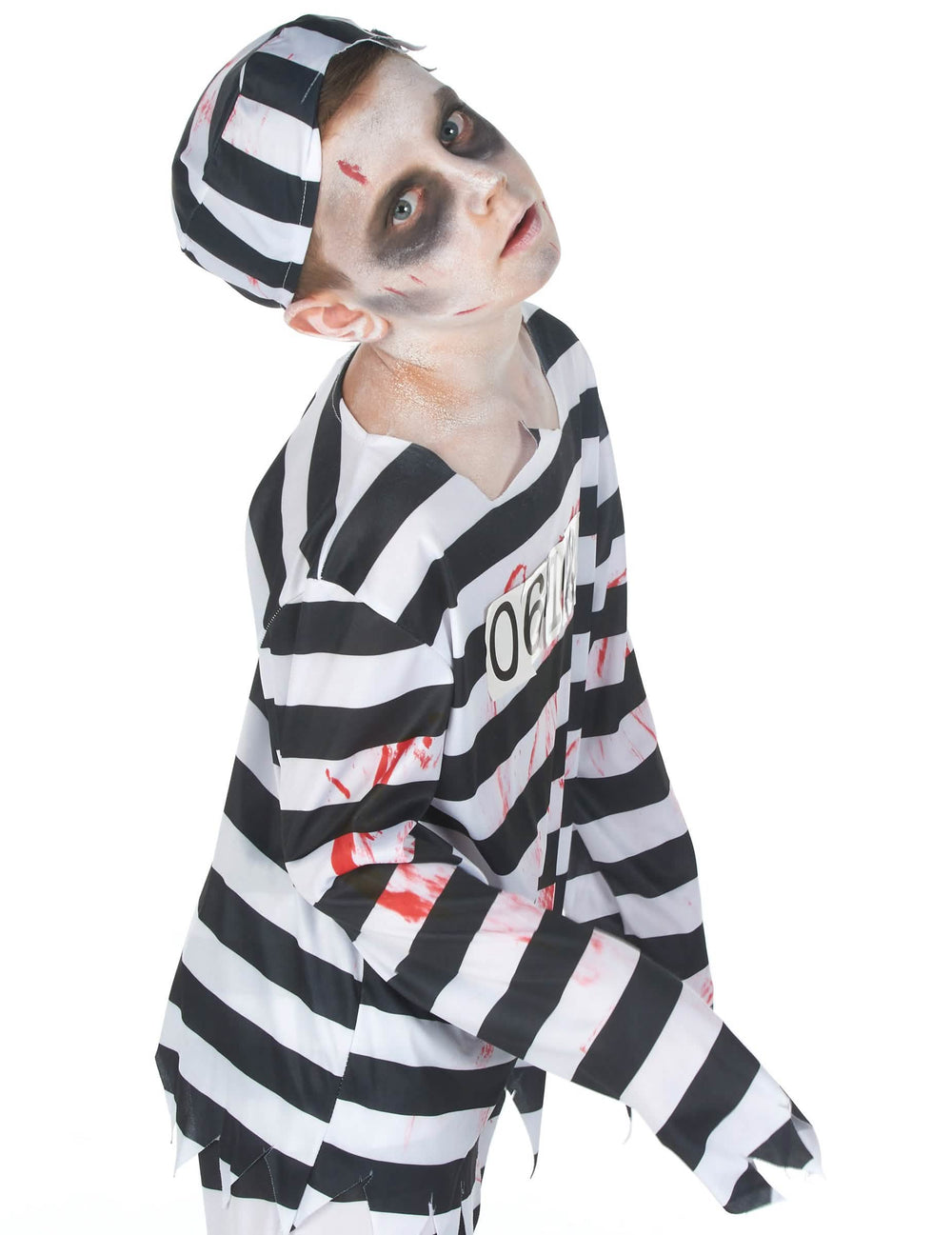 Détail du haut ensanglanté et du matricule du déguisement zombie prisonnier garçon Halloween