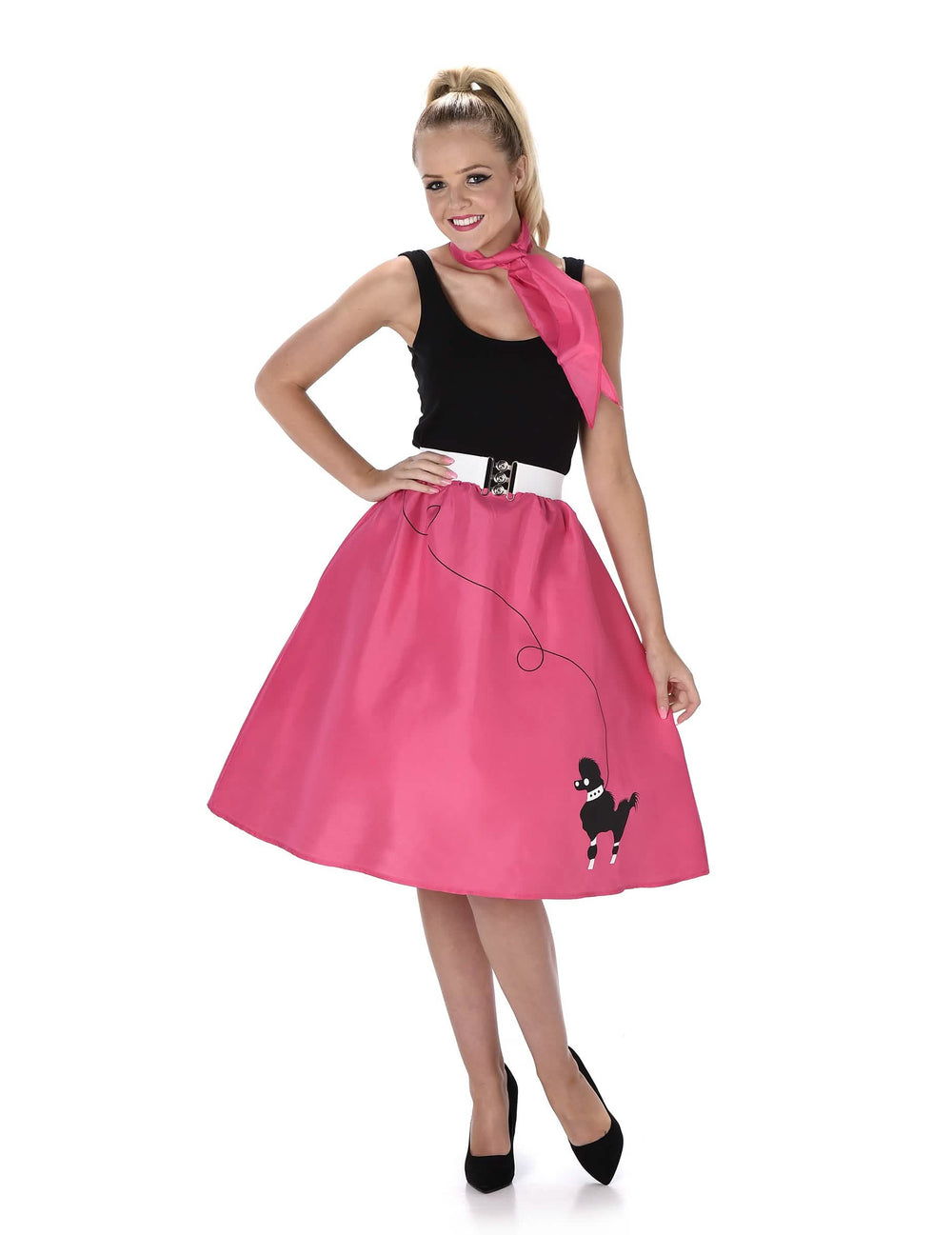 Déguisement années 50 pour femme rose fuchsia avec jupe caniche et foulard