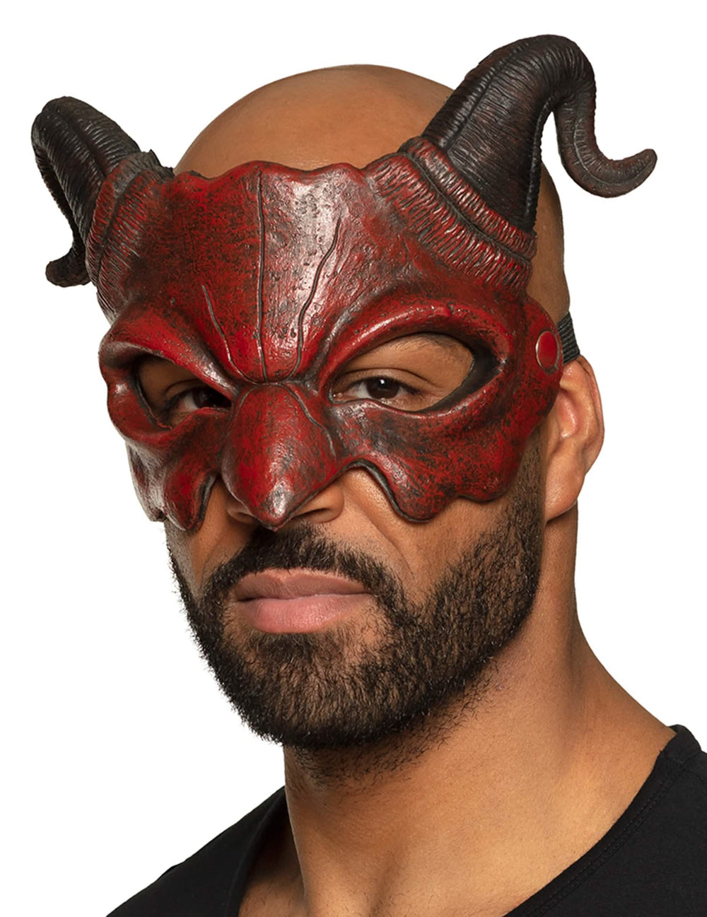 半máscara de demonio para adulto rojo y negro con cuernos