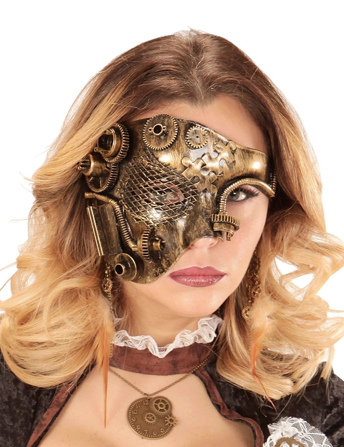 Media máscara steampunk para adulto dorado con engranajes