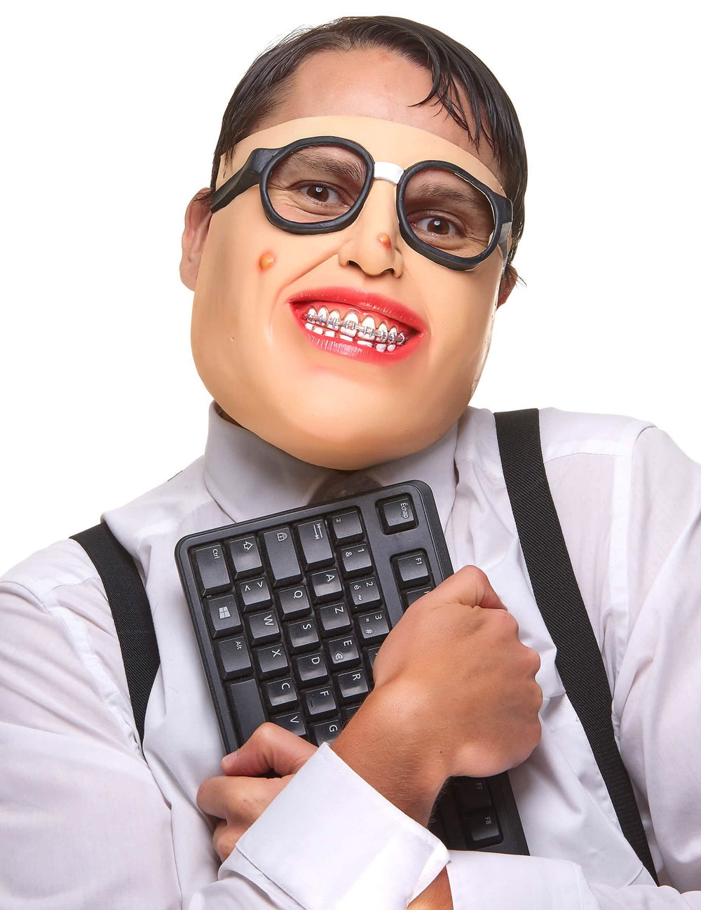Demi-masque en latex geek pour adulte avec lunettes et appareil dentaire