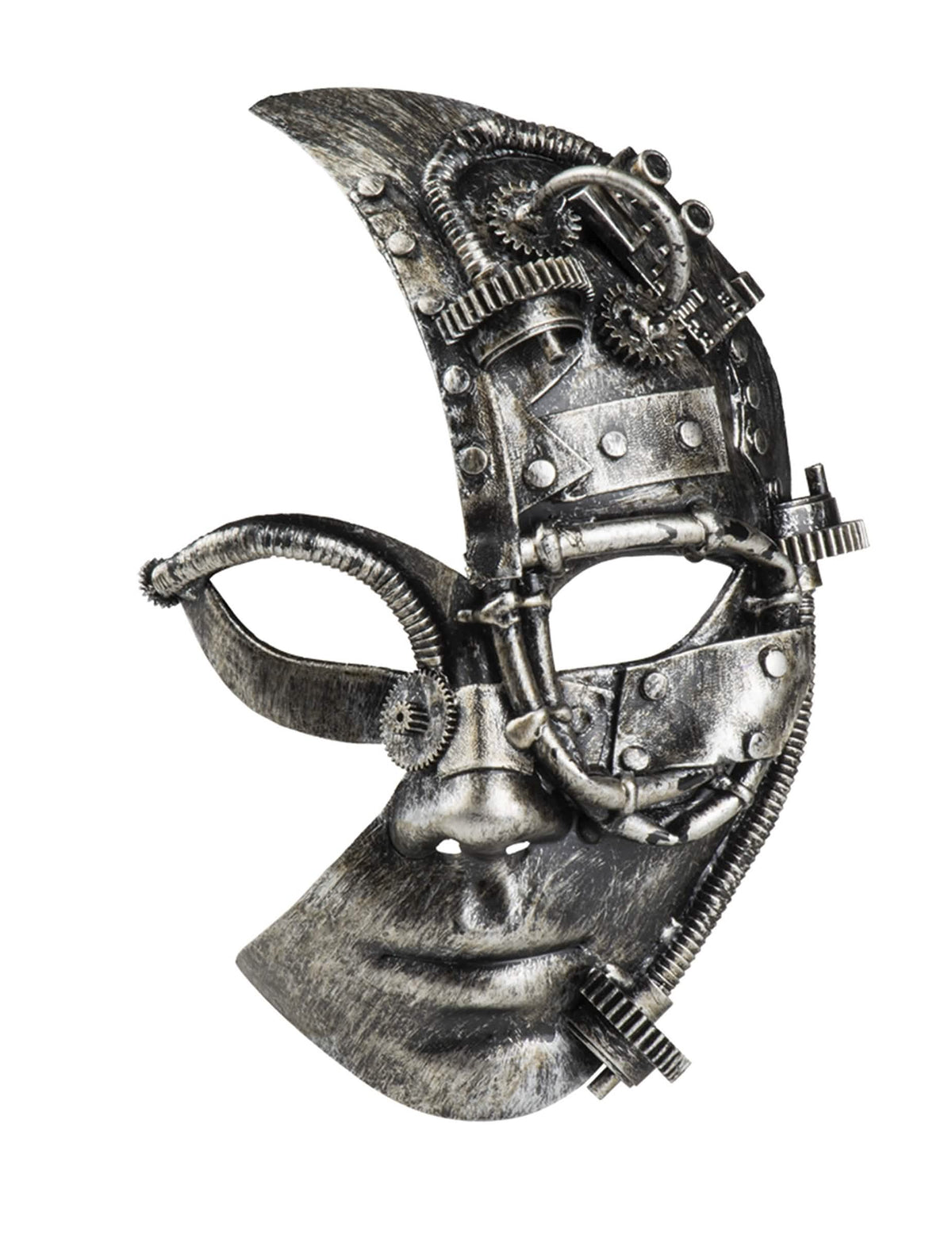 Vue de face avec les mains sur les tempes du demi masque robot Steampunk