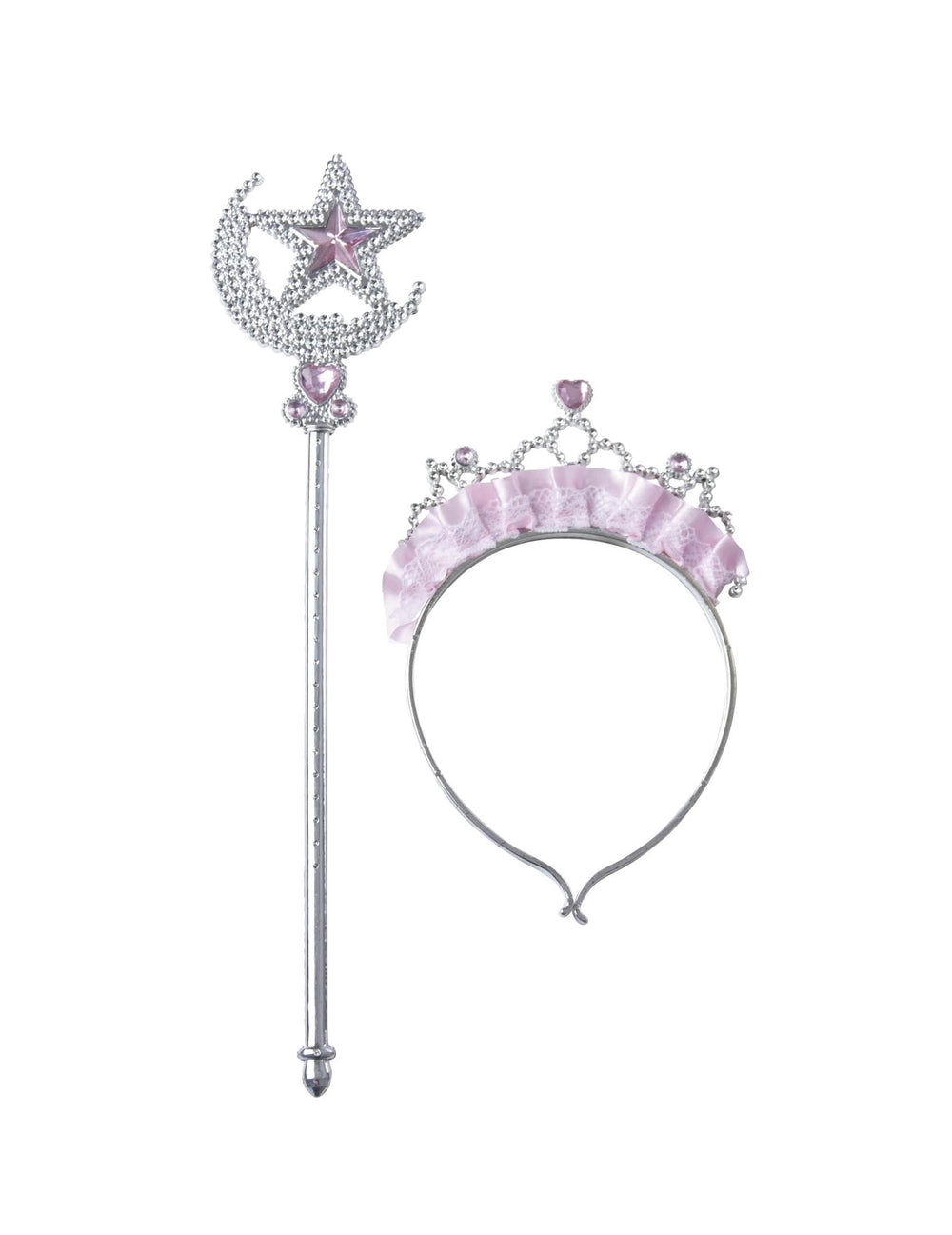 Vista frontal de la diadema y varita de princesa estrellada