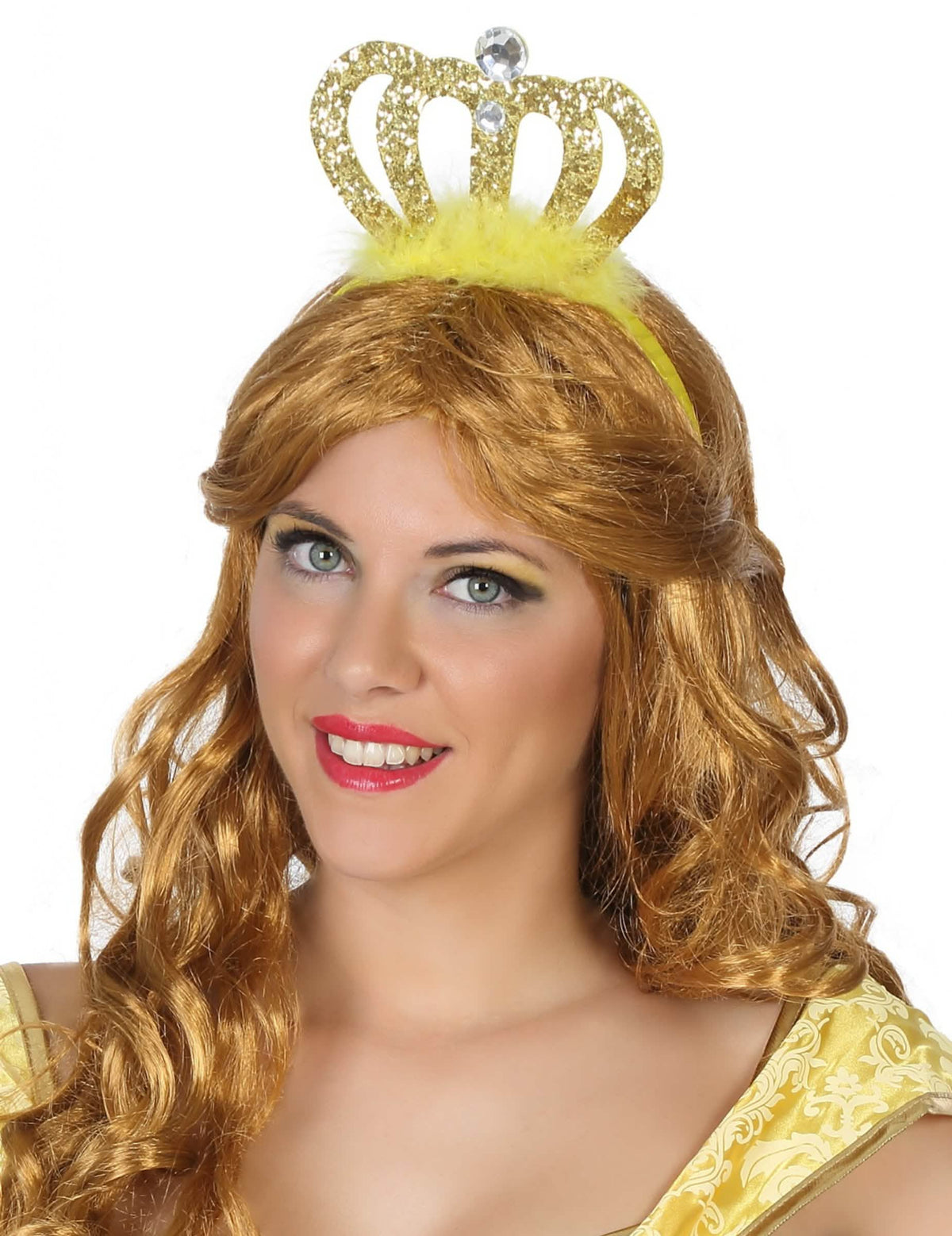 Diadema de princesa para adulto dorado con purpurina y plumas amarillas