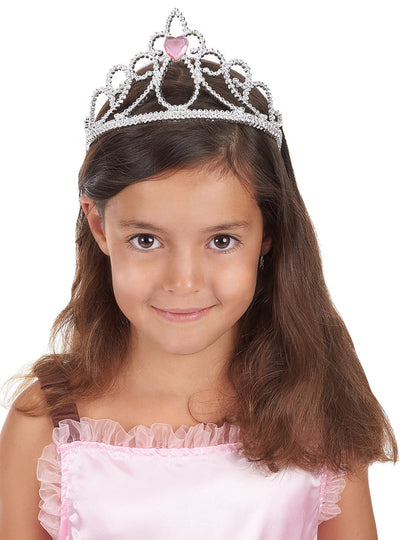 Vue de face du diadème princesse pour enfant avec bijou coeur rose