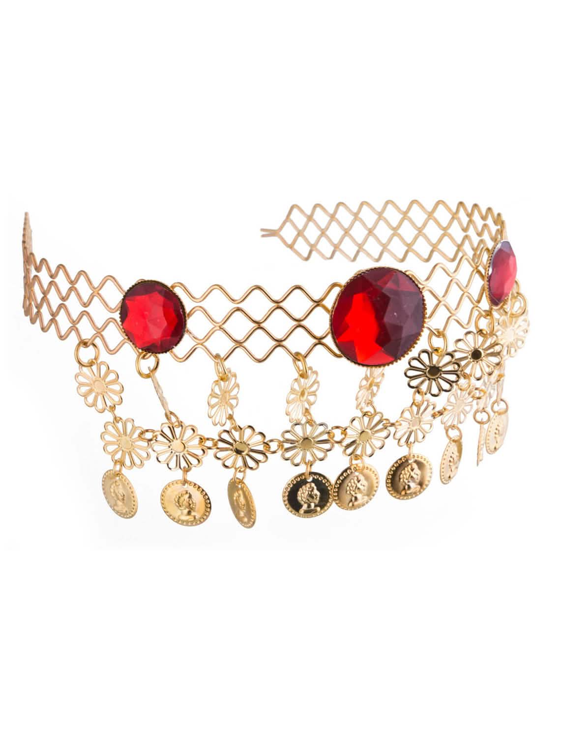 Diadema de reina egipcia para mujer dorado con piedras rojas y monedas