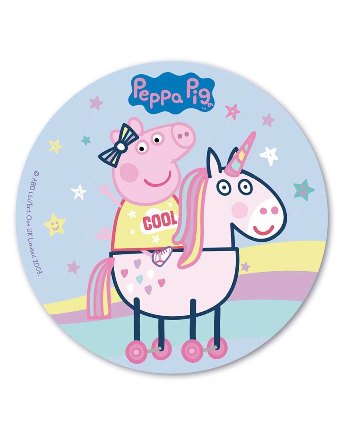 Disco de oblea Peppa Pig para niño azul con Peppa sobre un unicornio y arcoíris