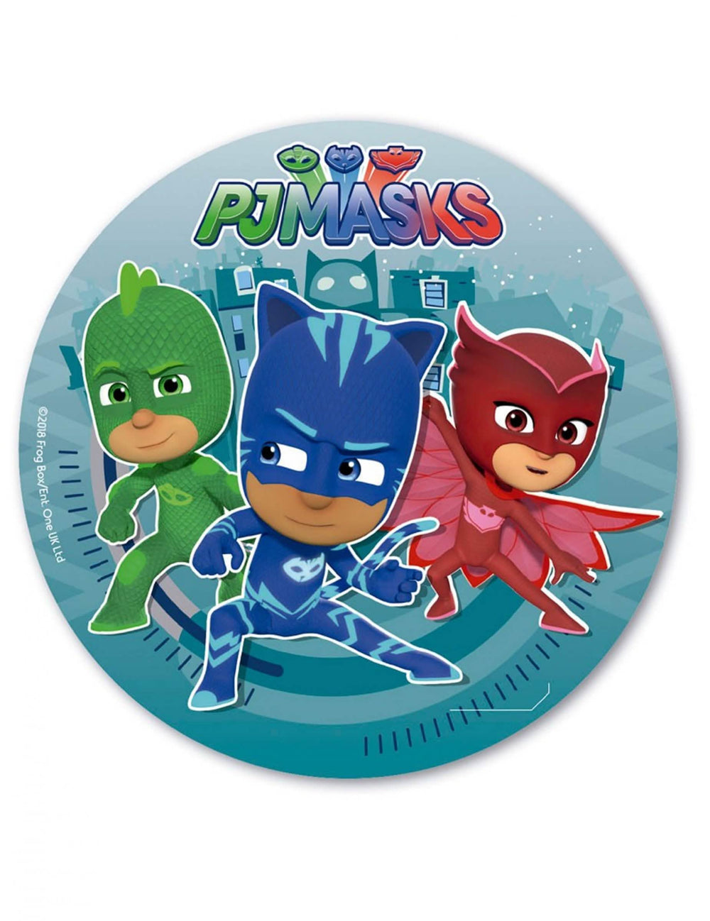Disco de oblea PJMasks para pastel azul verde y rojo con Yoyo, Bibou y Gluglu